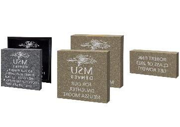 MSU Denver Roadrunners Rise campaign bricks. Two square options and one rectangle. The square options include the MSU Denver logo. All options include personalized text.